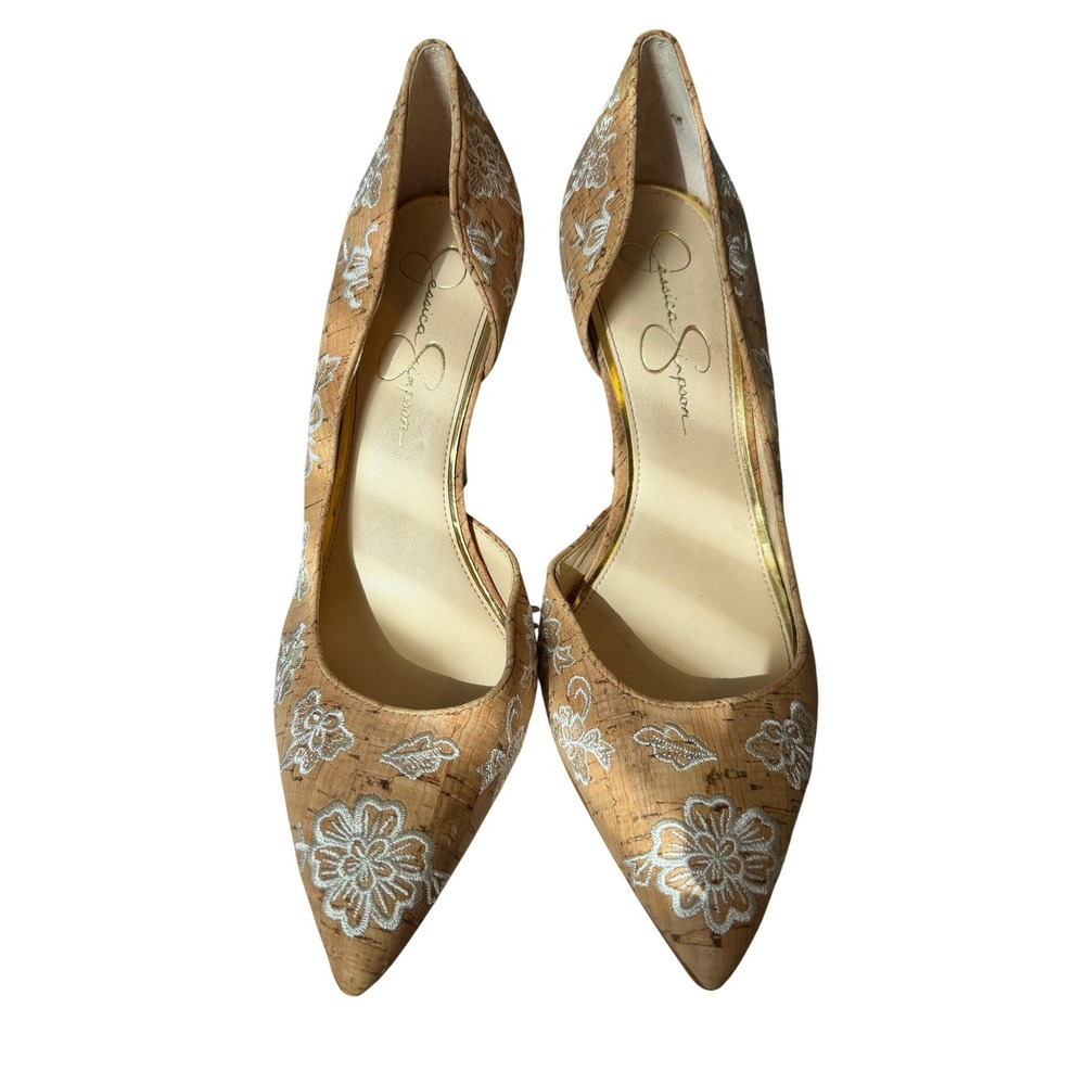 Jessica‎ Simpson Pumps Cork Floral Embroidered 10M Tan Womens D'Orsay Heels